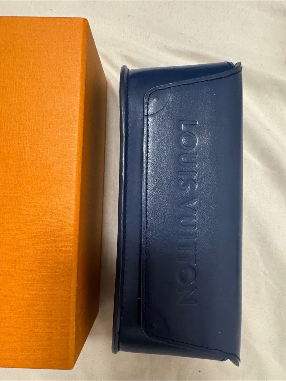Louis Vuitton Navy Sunglasses Case with Orange Box and Cream Dust Bag